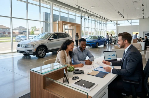 DriveWise lending specialist reviewing a car loan application with a client in a bright modern office